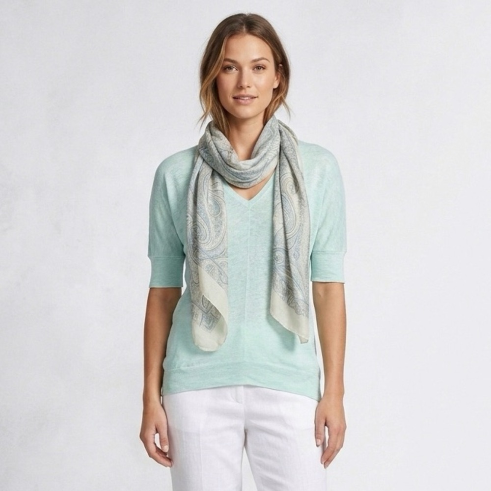 038 EILEEN FISHER Women's SS Organic Linen V-Neck Knit Top, Mint Green, Large